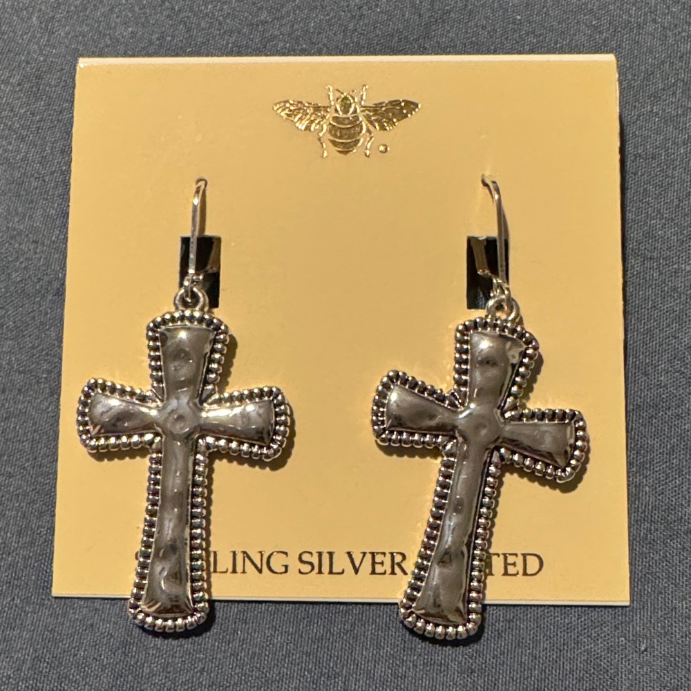 Sterling Silver-Toned Cross Drop Earrings - Silver